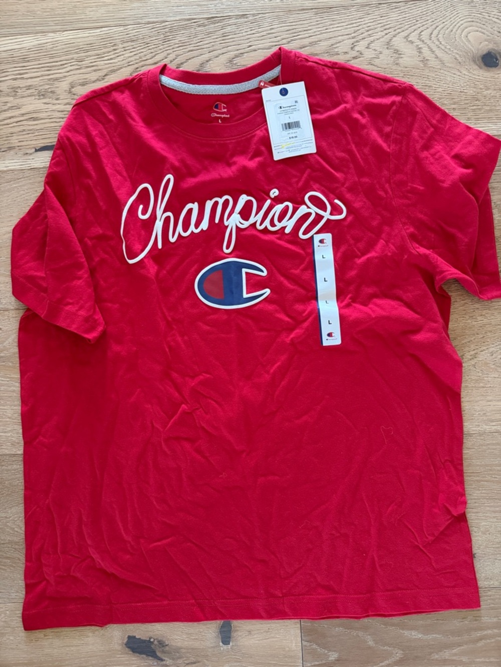 Champion Kids Red Script Logo Tee with Chest Emblem